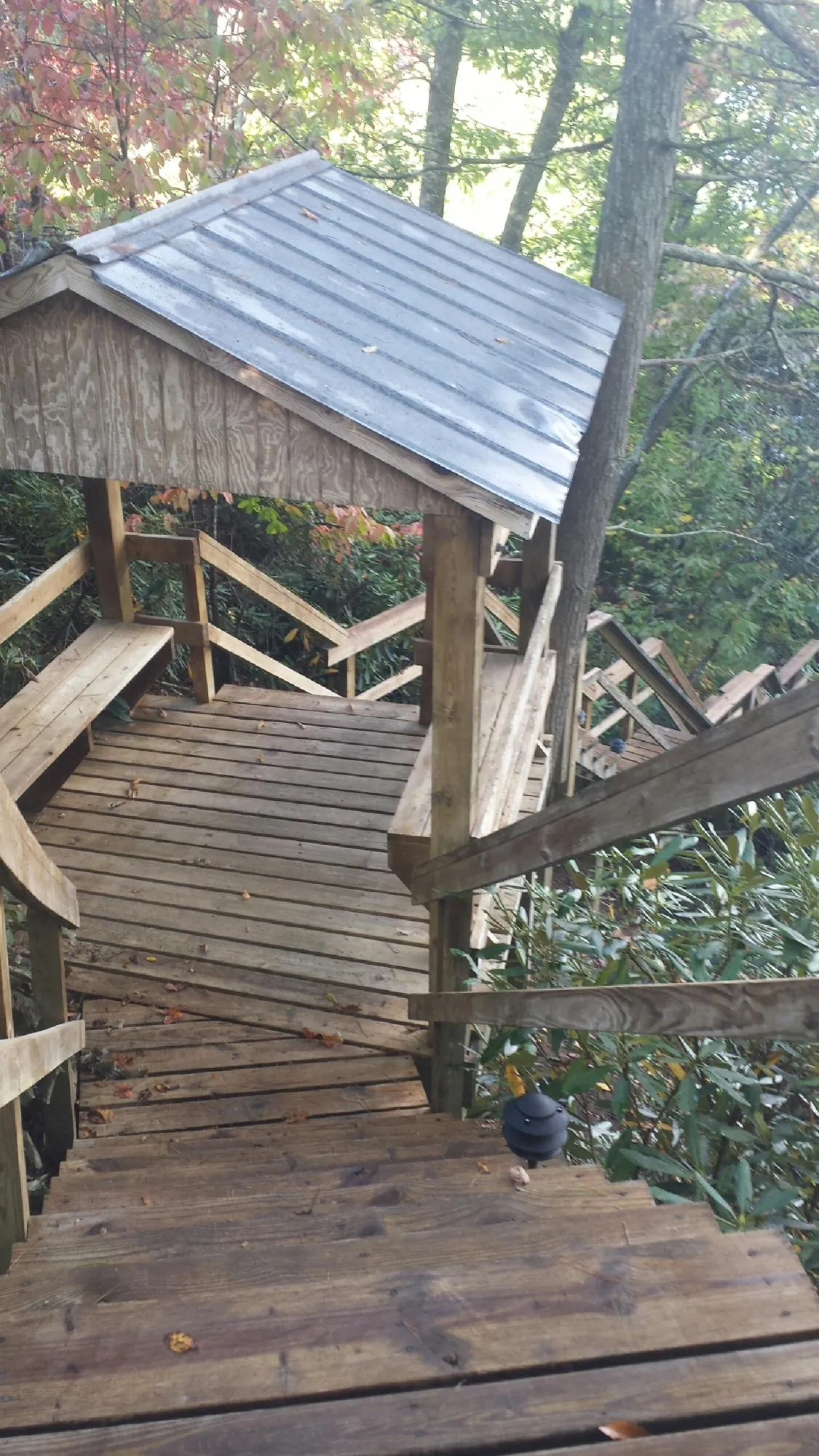 Metal roofed shelter over wooden steps on a wooded walkway — Skylight Repair & Installation work by our crew in Kenmare